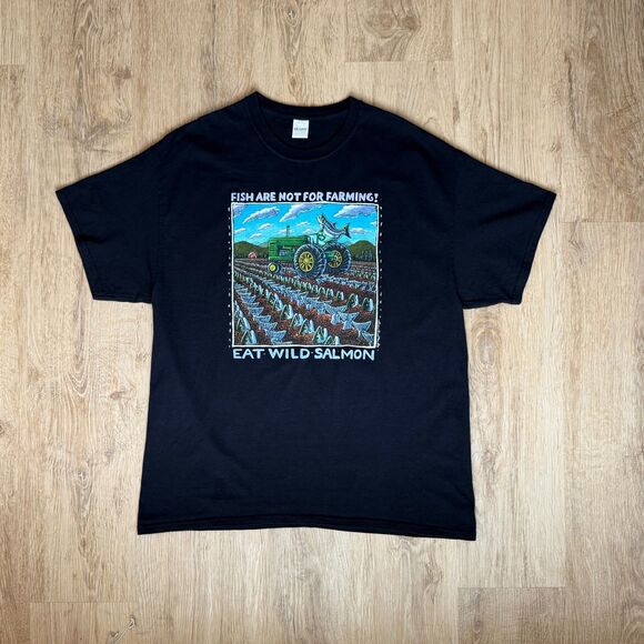 Vintage Y2K Ray Troll T-Shirt Wild Salmon Fish Are Not For Farming Size XL - Picture 1 of 5
